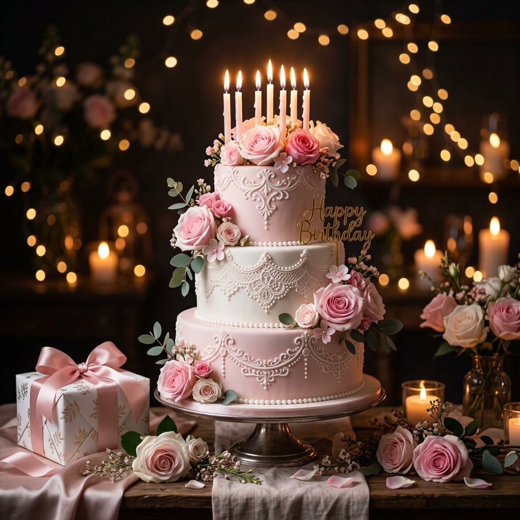 Exquisite Birthday Cake with Candles